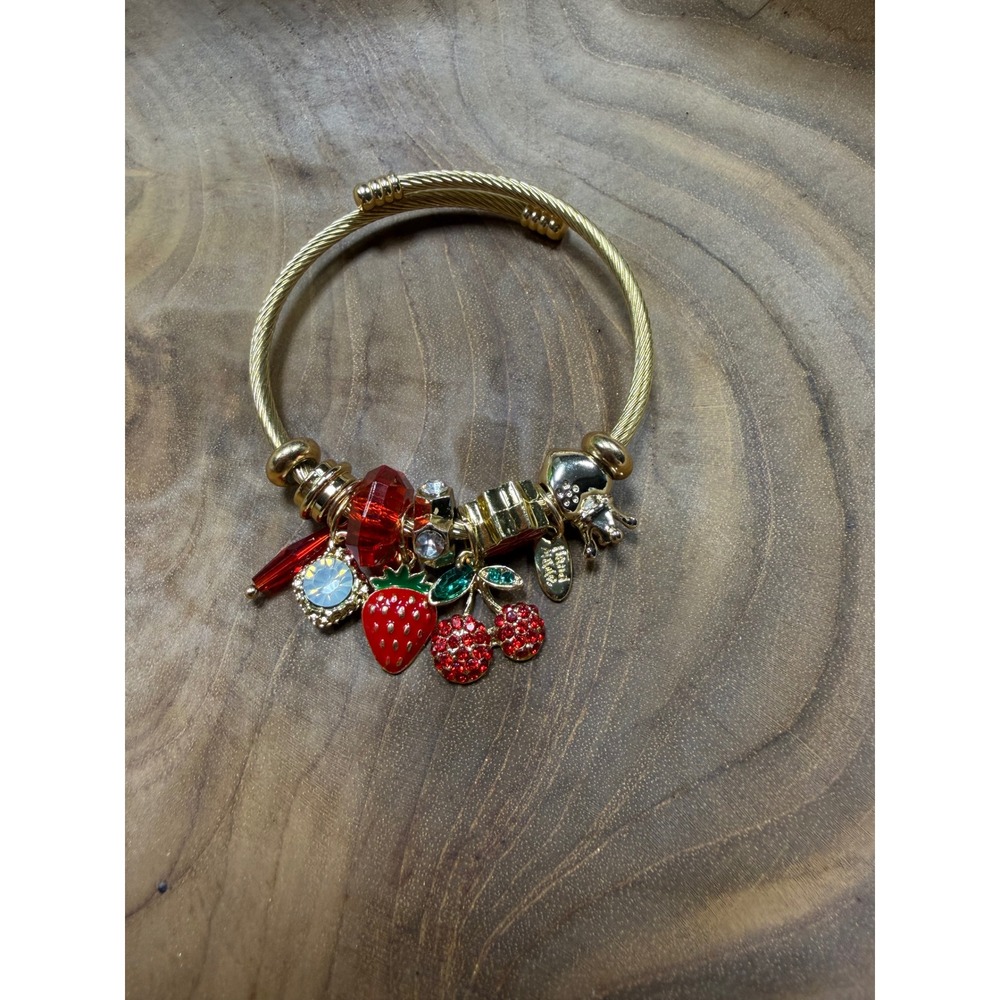 Gold Tone Fruit Charm Bangle Bracelet Strawberry Cherry Red‎ Crystal Adjustable